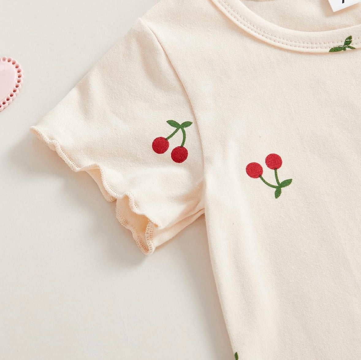 Beige Cherry Print Top & Shorts Set