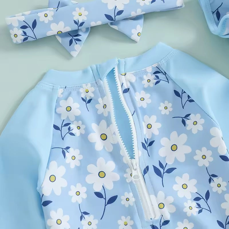 Girls' 3-Piece Blue Floral Swimsuit, Hat & Headband Set