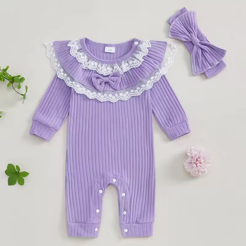 Newborn Girl Purple Ribbed Jumpsuit & Headband Set