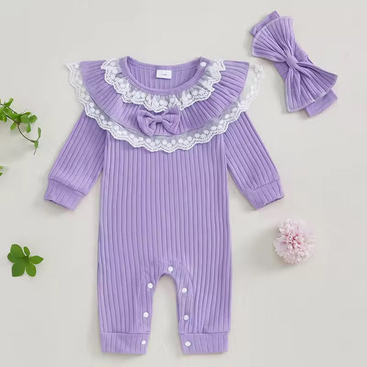 Newborn Girl Purple Ribbed Jumpsuit & Headband Set
