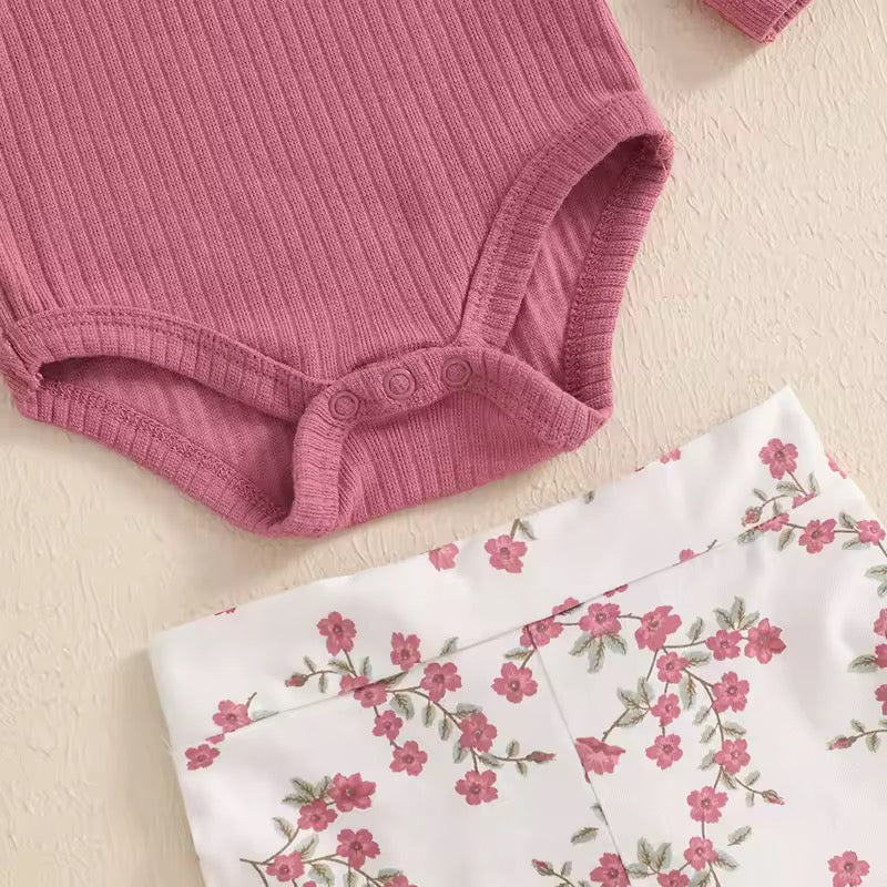 Floral Flare Pants & Ribbed Cotton Romper Set