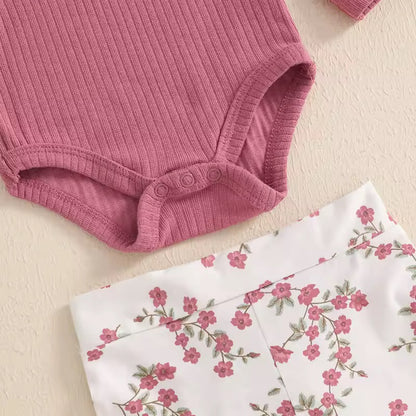 Floral Flare Pants & Ribbed Cotton Romper Set