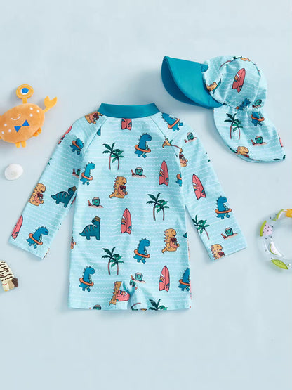 Full-Sleeve Dinosaur Print Swimsuit & Sun Cap Combo