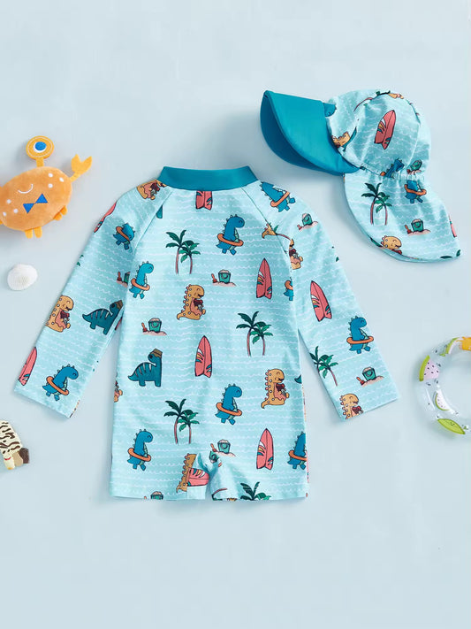 Full-Sleeve Dinosaur Print Swimsuit & Sun Cap Combo