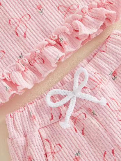 Pink Bow & Floral Top with Ruffle Shorts
