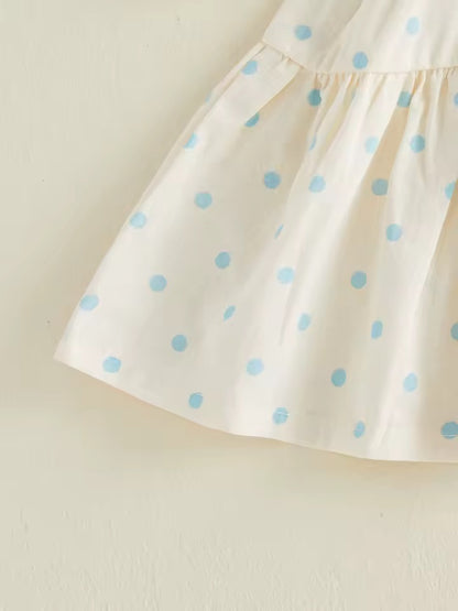 Sleeveless Cotton Bow Dress with Blue Polka Dots
