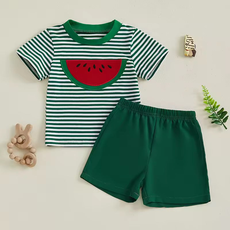 Red Summer T-Shirt with Watermelon Pocket & Striped Shorts