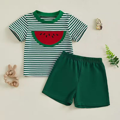 Red Summer T-Shirt with Watermelon Pocket & Striped Shorts