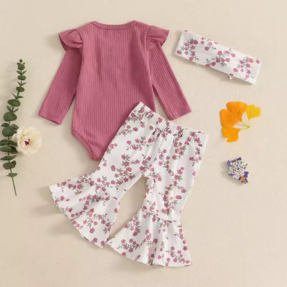 Floral Flare Pants & Ribbed Cotton Romper Set