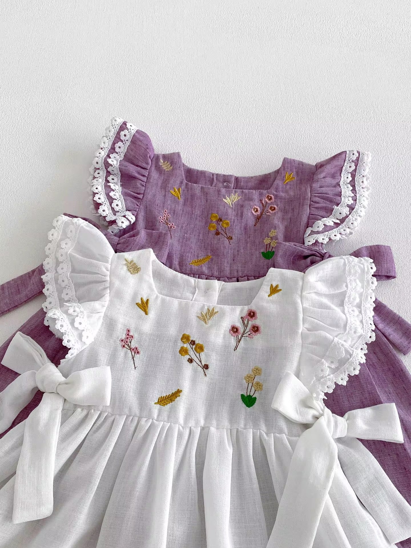 Purple Floral Embroidered Linen Dress