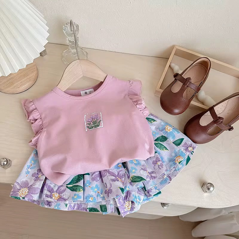 Pink Ruffle Top & Floral Wide Pants Set