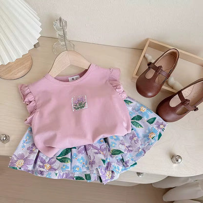 Pink Ruffle Top & Floral Wide Pants Set