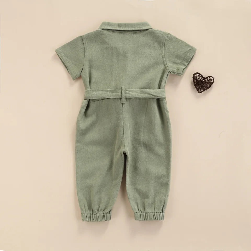 Girl's Casual Green Utility Romper with Pockets & Waist Tie