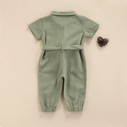 Girl's Casual Green Utility Romper with Pockets & Waist Tie