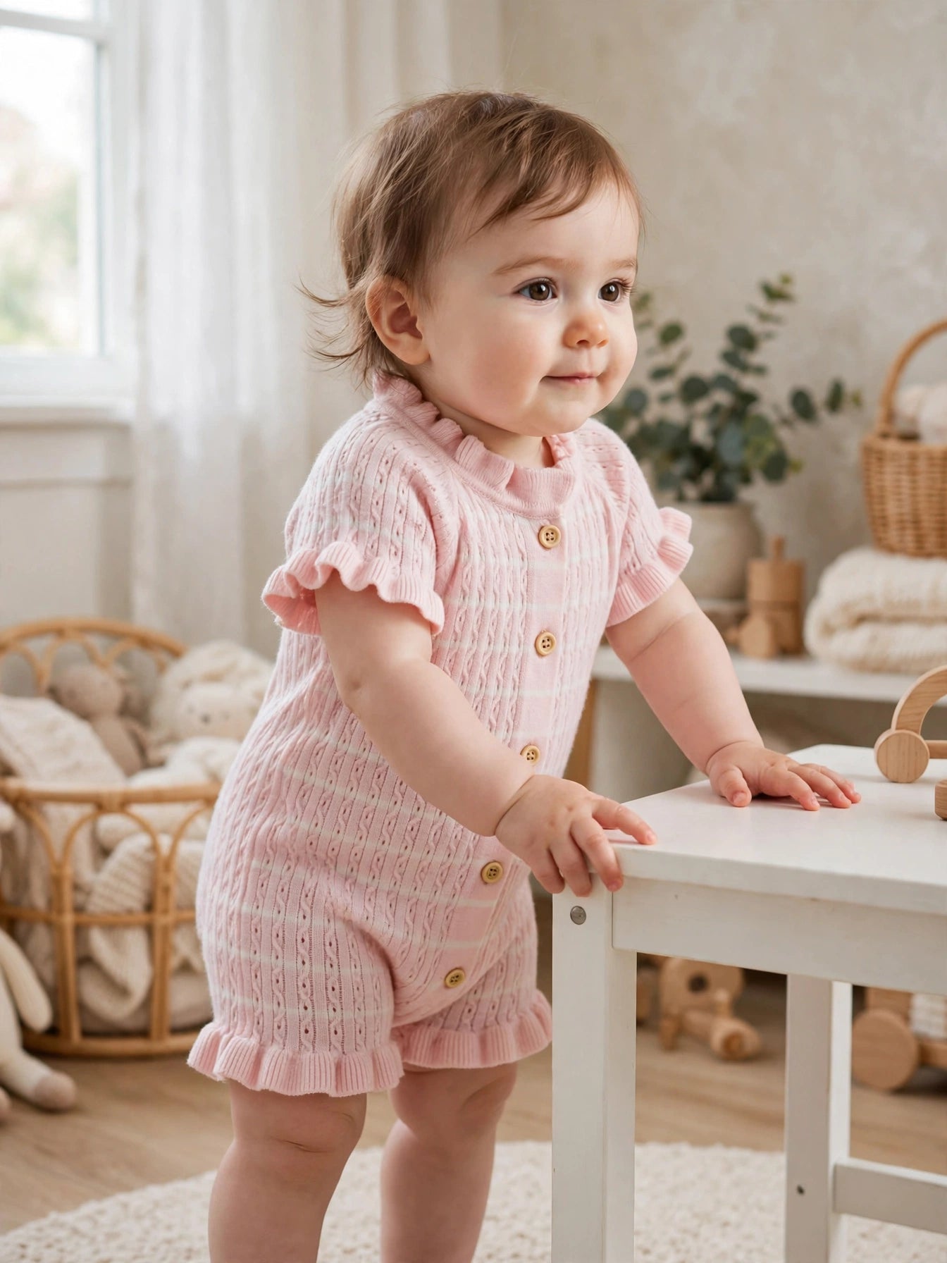 Soft Pink Knit Ruffle Short-Sleeve Romper