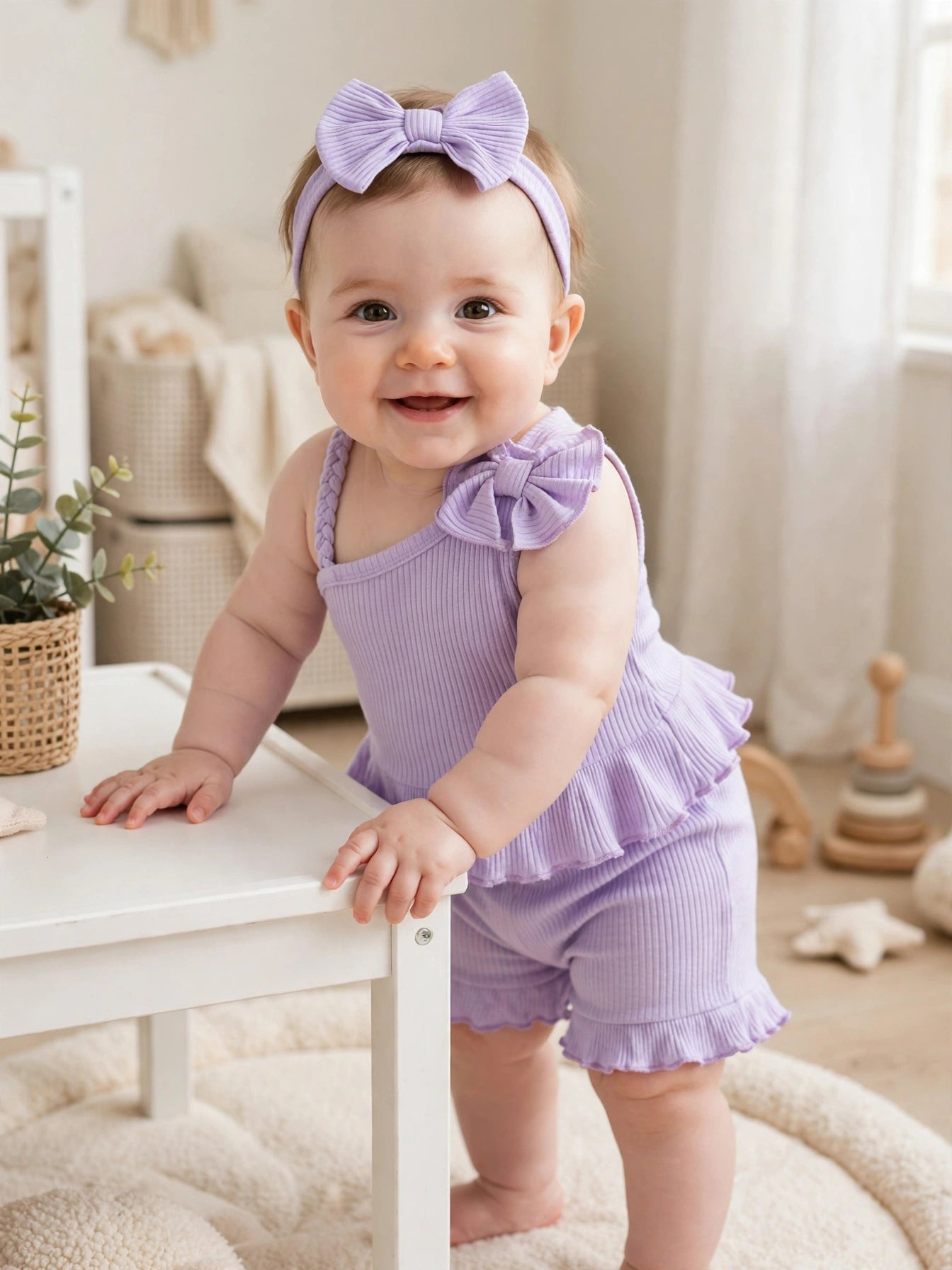 3-Piece One-Shoulder Bow Top & Shorts Set