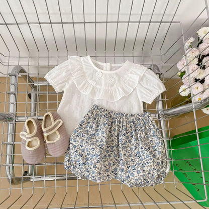 Lace Collar White Top & Blue Floral Shorts