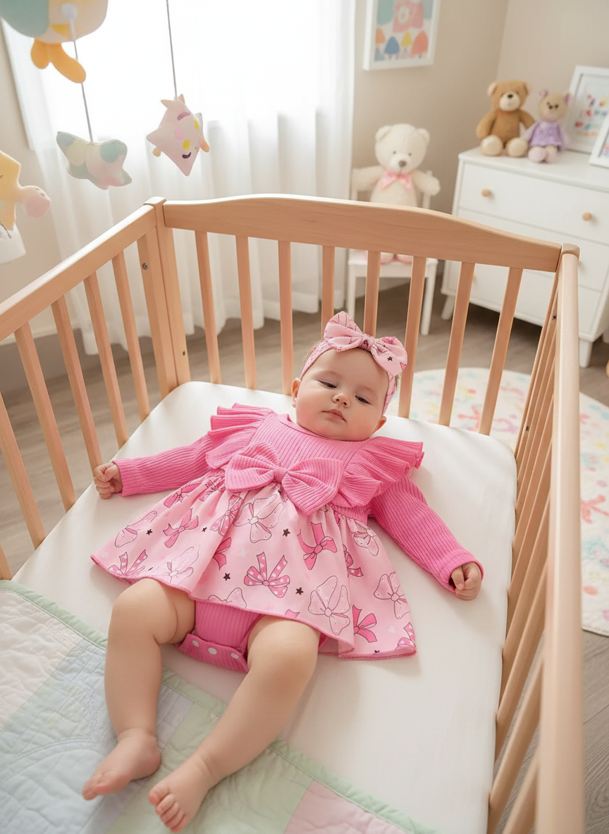 Pink Bow Print Romper Dress & Headband Set