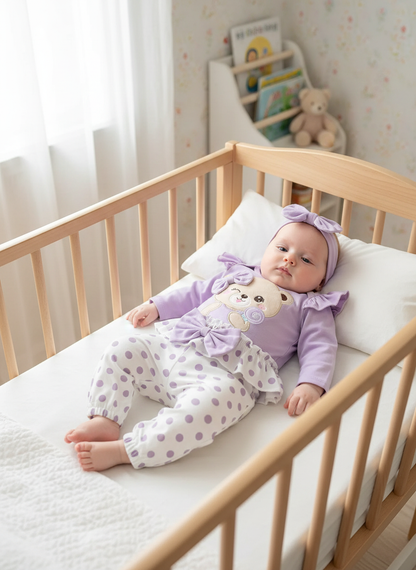 Purple Bear Romper & Polka Dot Pants Set