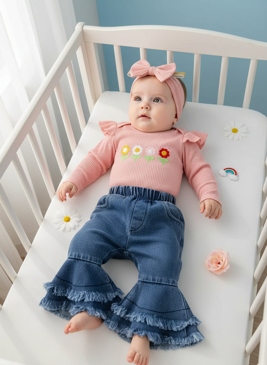 Floral Denim Flare Pants & Ribbed Romper Set