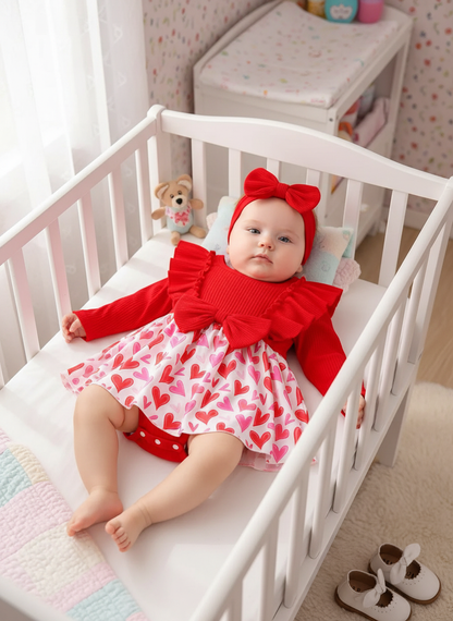 Red Heart Print Romper Dress & Bow Headband Set