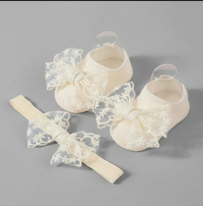 Soft Baby Lace Socks & Headband Set – Beige