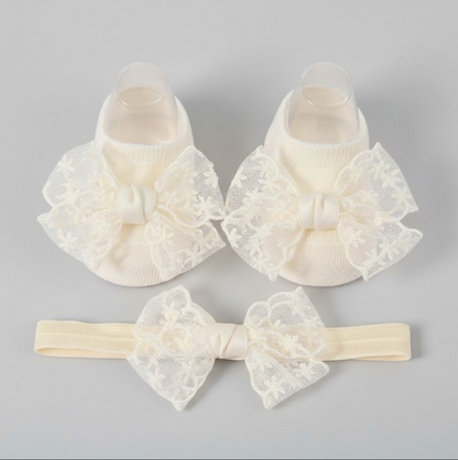 Soft Baby Lace Socks & Headband Set – Beige