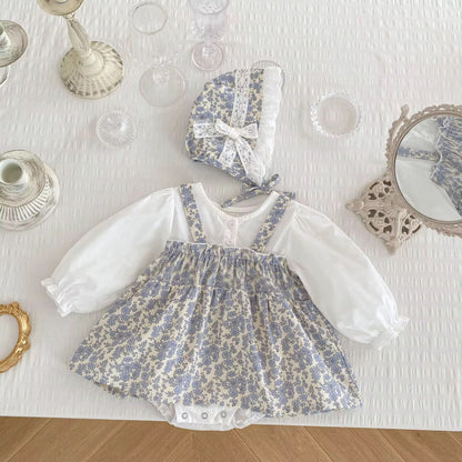 Vintage Floral Baby Girls Dress Romper & Bonnet Set