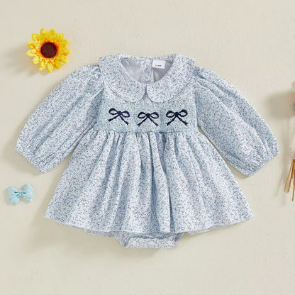 Elegant Blue Floral Smocked Dress for Baby Girls