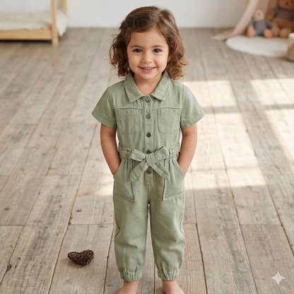 Girl's Casual Green Utility Romper with Pockets & Waist Tie