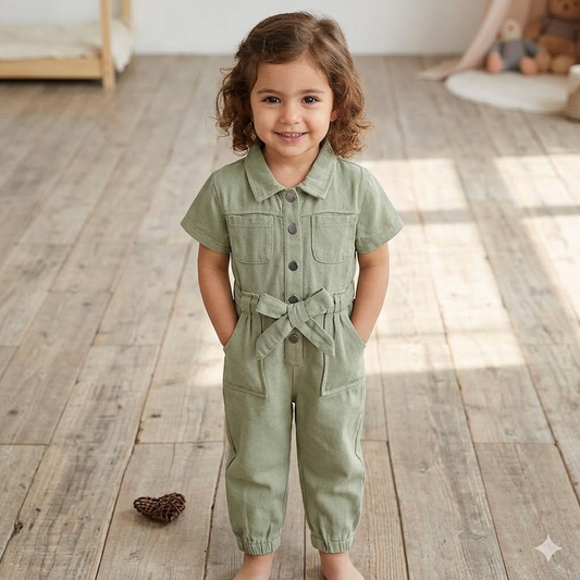 Girl's Casual Green Utility Romper with Pockets & Waist Tie