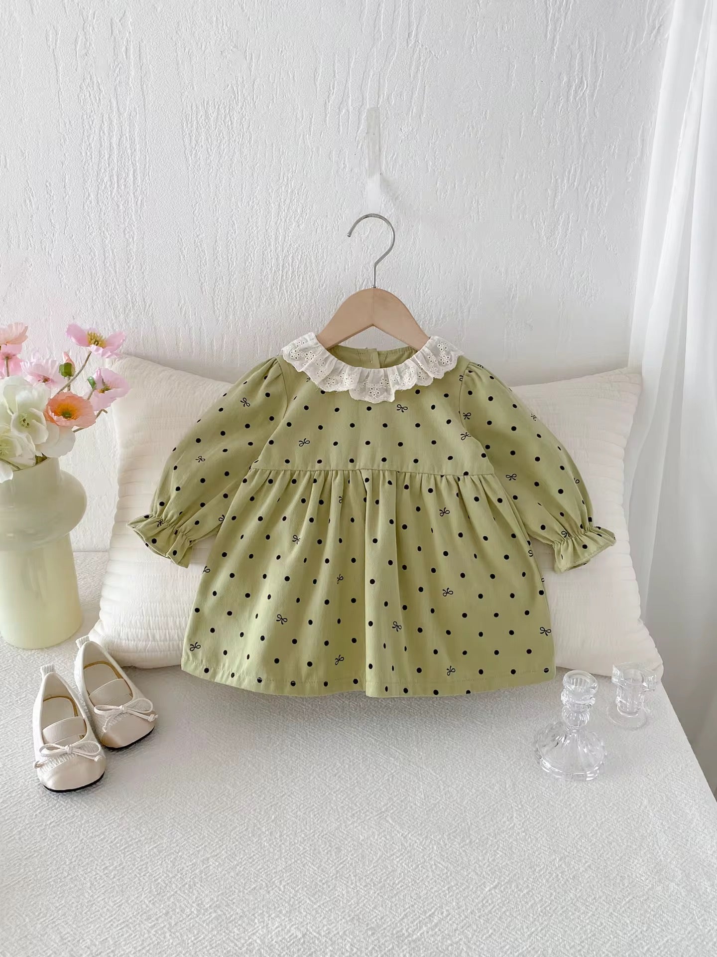 Olive Polka Dot Dress with Lace Collar