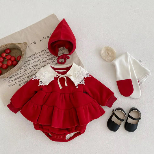 Warm Fleece Lined Red Romper with Bonnet