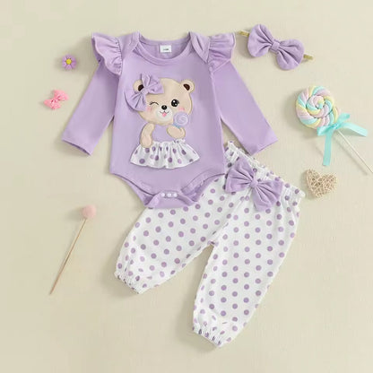 Purple Bear Romper & Polka Dot Pants Set