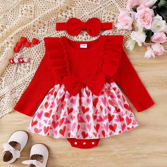Red Heart Print Romper Dress & Bow Headband Set