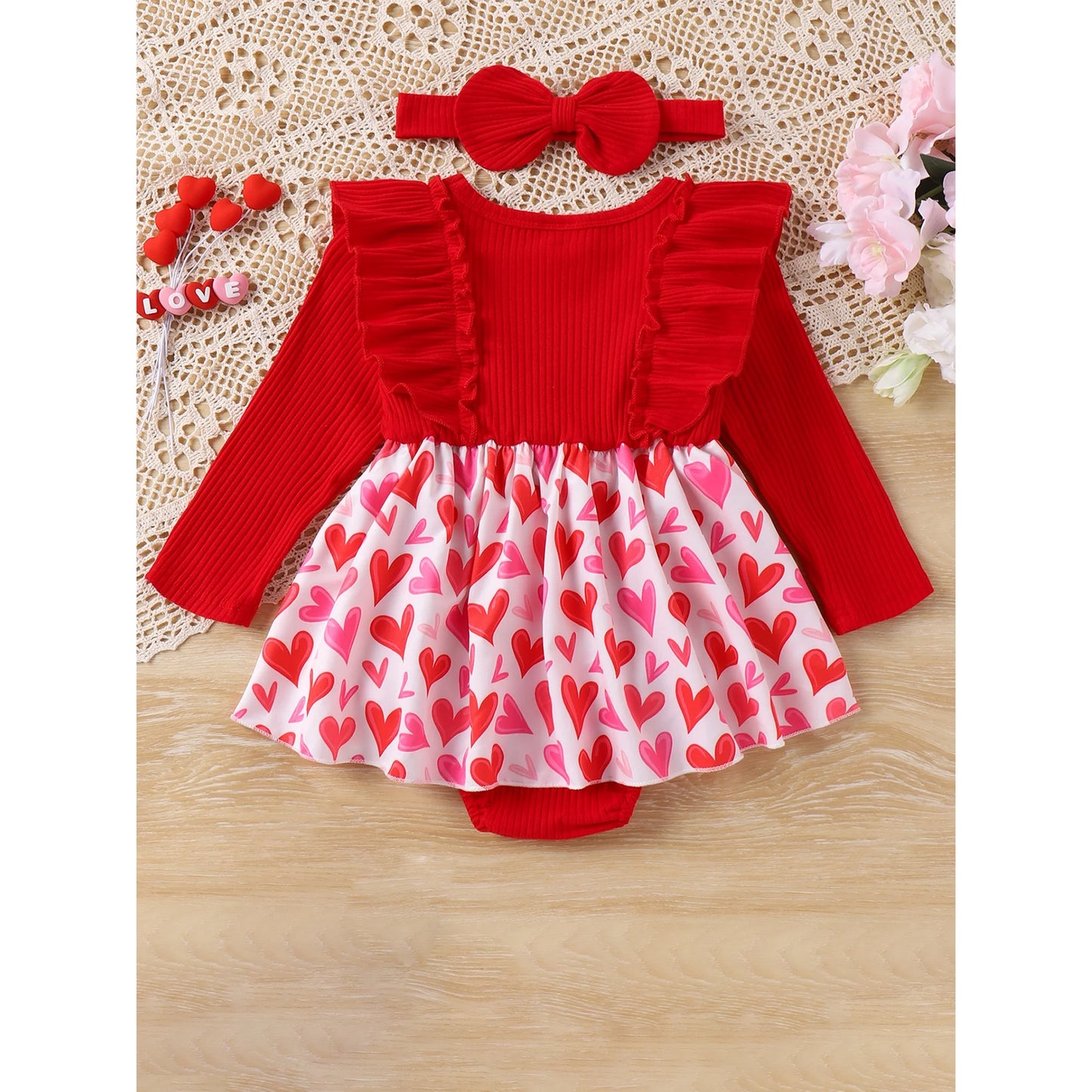 Red Heart Print Romper Dress & Bow Headband Set