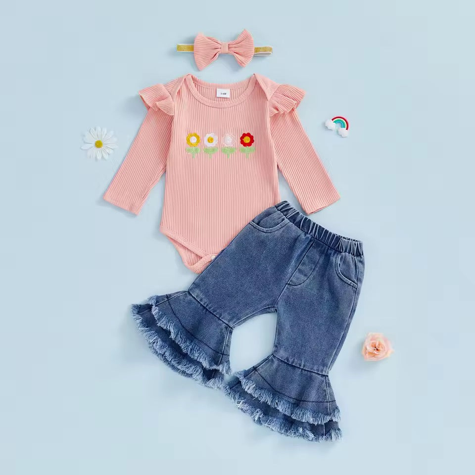 Floral Denim Flare Pants & Ribbed Romper Set
