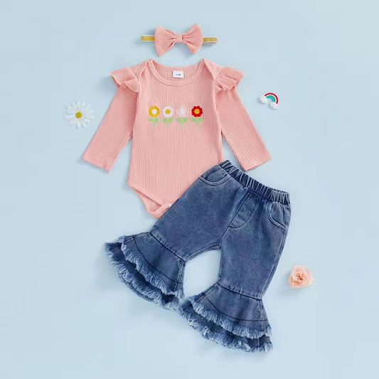Floral Denim Flare Pants & Ribbed Romper Set