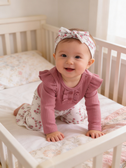 Floral Flare Pants & Ribbed Cotton Romper Set