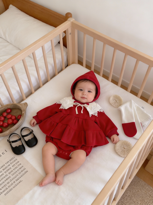 Warm Fleece Lined Red Romper with Bonnet