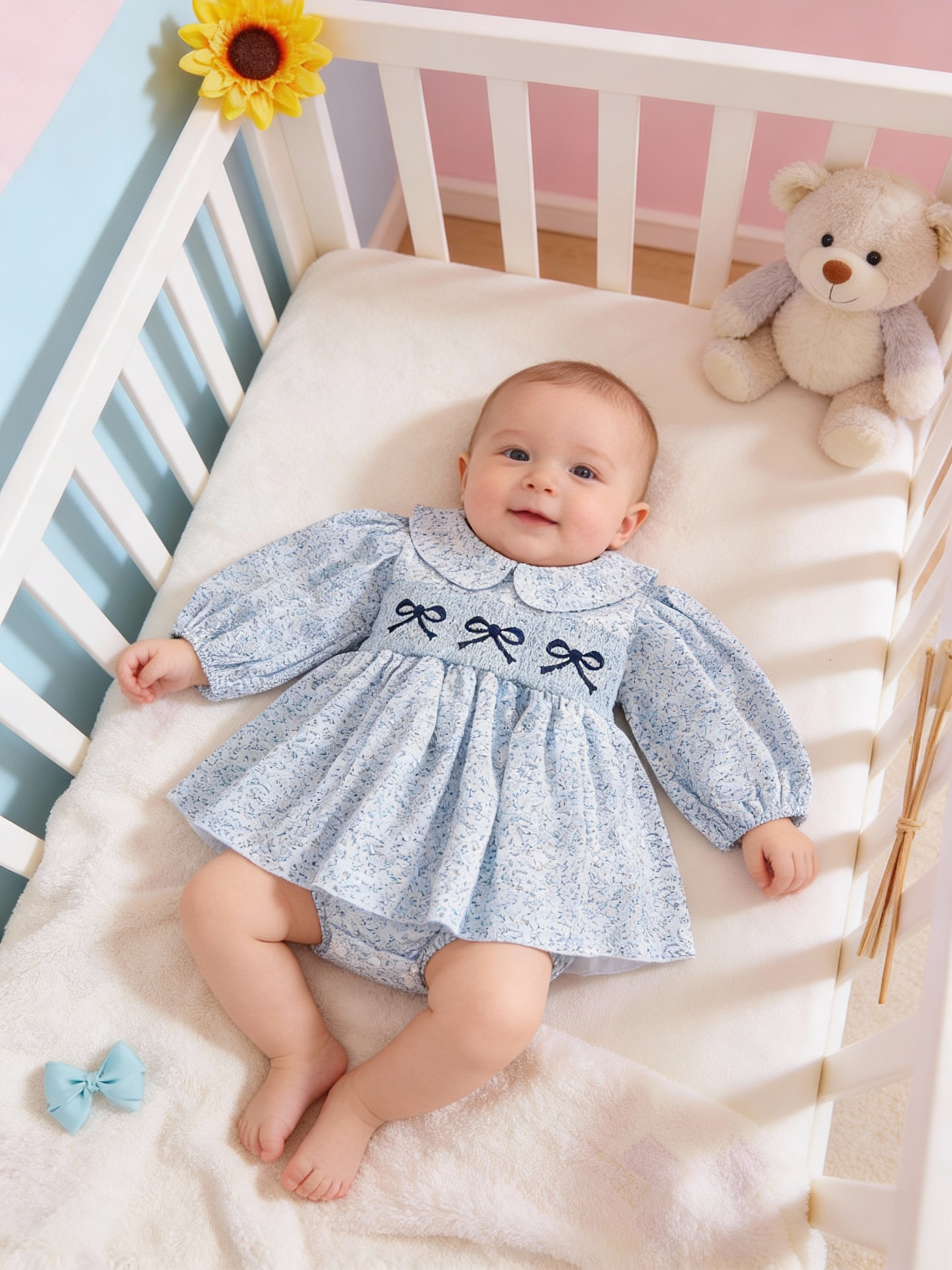 Elegant Blue Floral Smocked Dress for Baby Girls