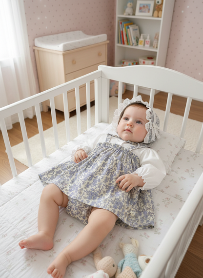 Vintage Floral Baby Girls Dress Romper & Bonnet Set